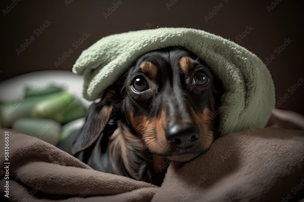 Dachshund dog, black and tan, unwinding after spa treatments with cucumber on face and towel over it