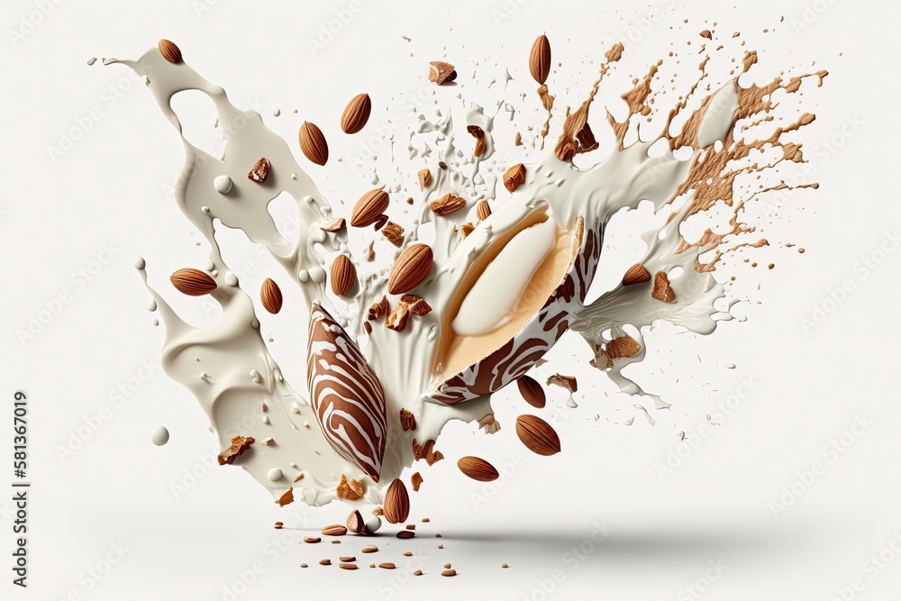 On a white background, milk and crushed dried almonds are splashed throughout. Generative AI