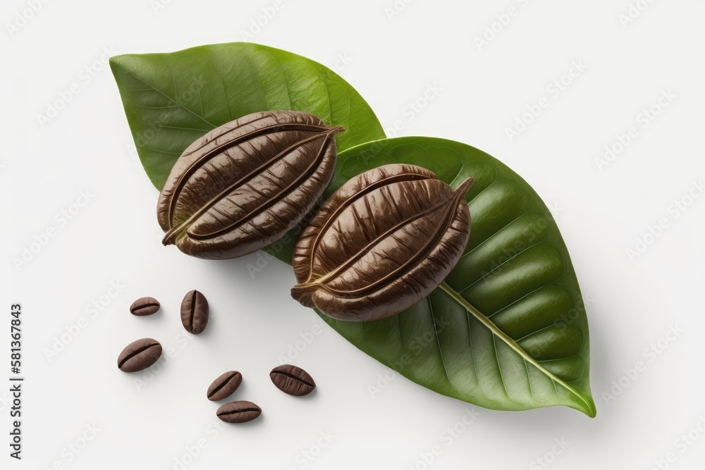 Two coffee beans are shown up close with leaves on a white background. Generative AI