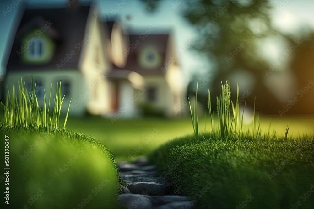 green grass on the lawn near the houses, blurred background. Generative AI