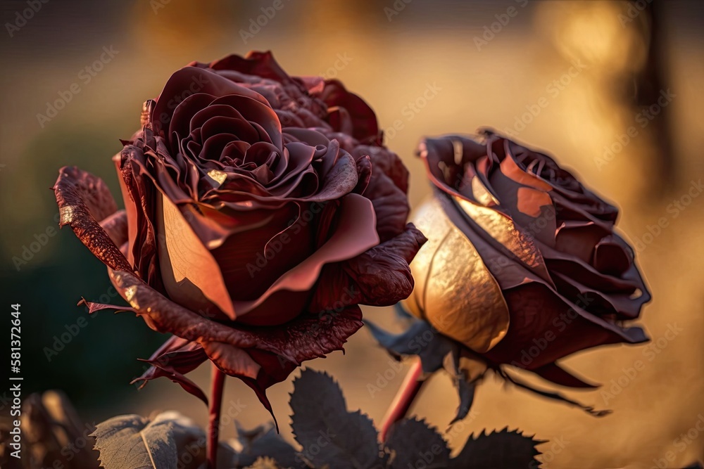 Large wine red rose flowerheads in the sunlight. macro photography at close range. Generative AI