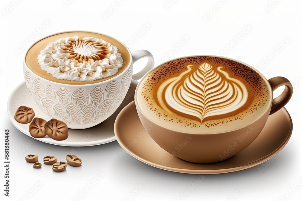 Cappuccino froth and coffee latte art set, isolated on white. Generative AI