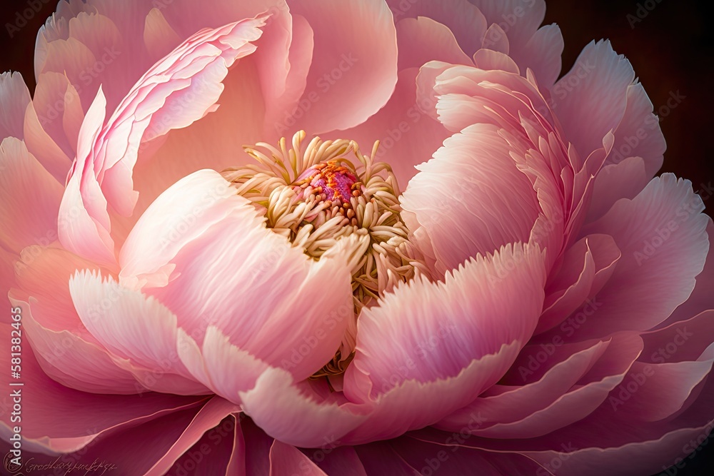 Pink Shakuyaku (Chinese peony, Paeonia lactiflora) flowerhead in bloom, captured in close up macro. 