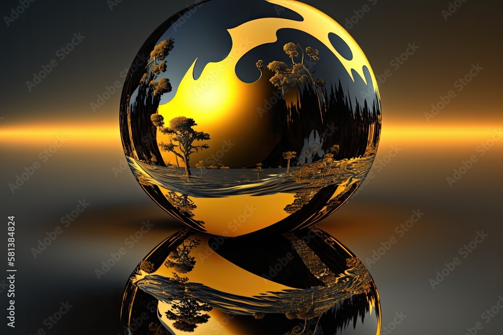 a bright globe in a shadowy area. a sphere with reflections, a wavered surface, and convolutions. ab