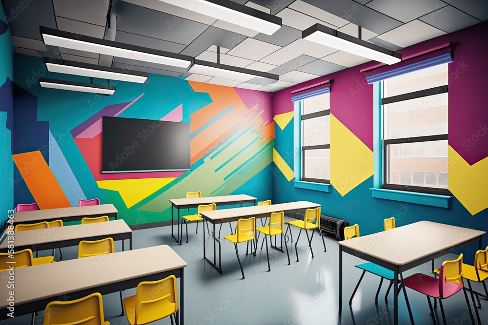 Empty class room and desks with colorful walls. Generative AI