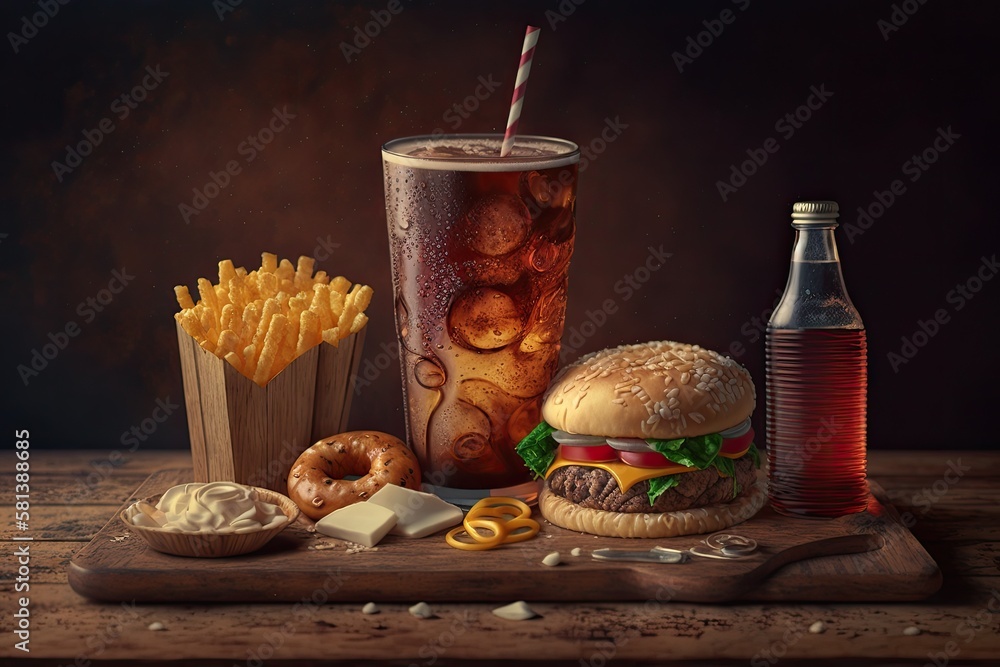 Close up of fast food snacks and cola drinks on a wooden table illustrates the idea of consuming unh