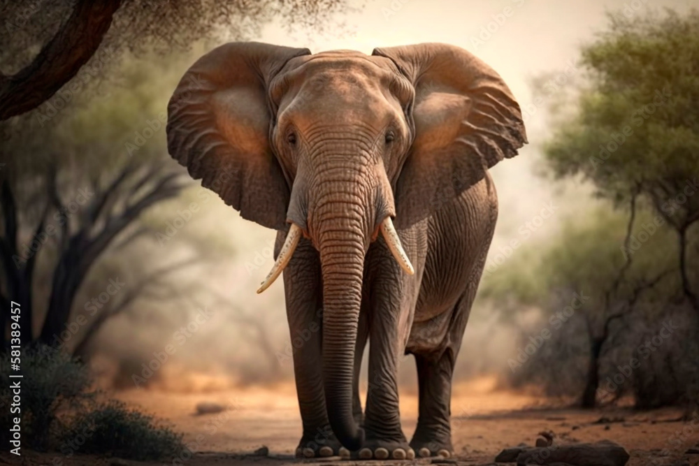 Wild Elephant in the African Savannah, generative ai