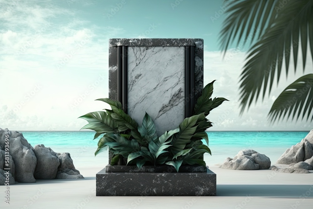 podium made of natural stone and concrete on a beach in a tropical region. Empty display cabinet for