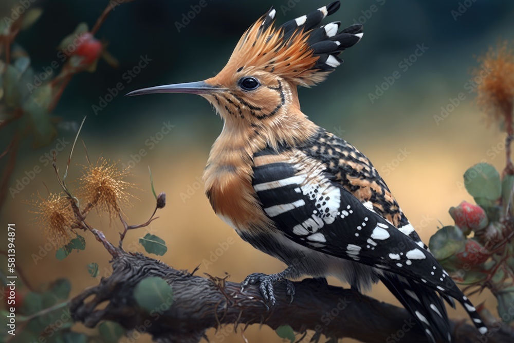 Eurasian hoopoe in summertime setting on branch. Generative AI