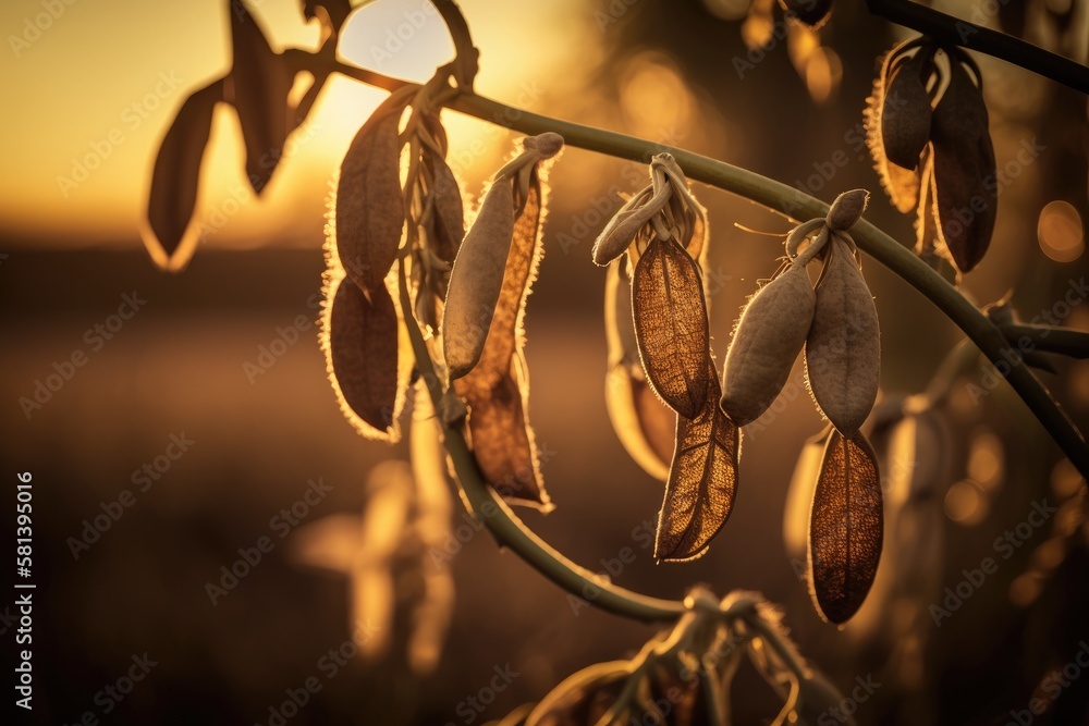 Soybean pods on the plantation at sunset. Agricultural photography. Generative AI