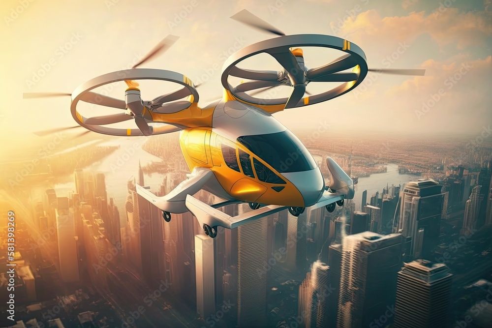 idea of passenger air transportation in cities. unmanned drone transportation. Generative AI