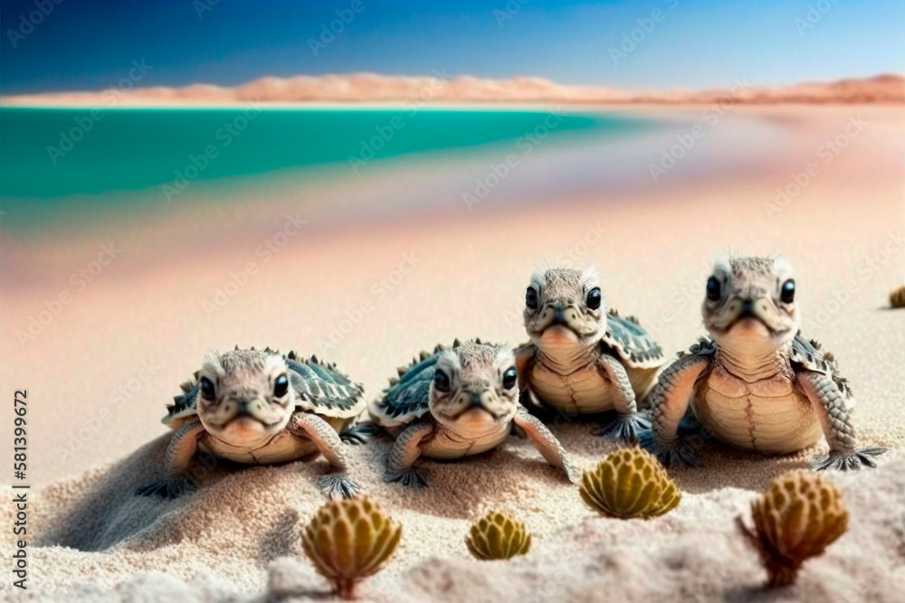 Baby turtles on a paradise beach, generative ai