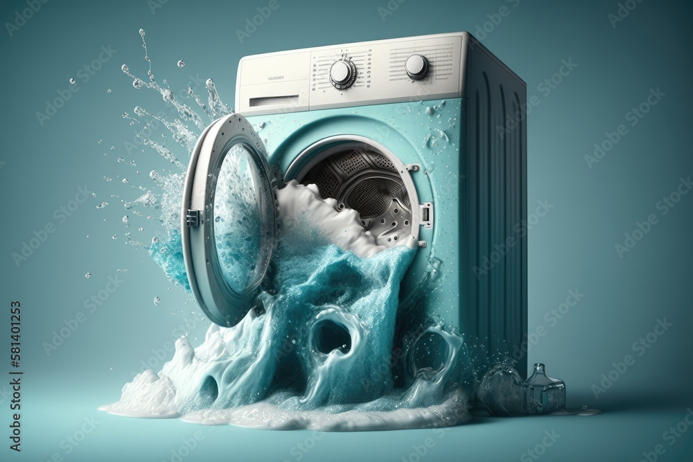 From the washing machines tumble, water spewed out. concept of water saving. Generative AI