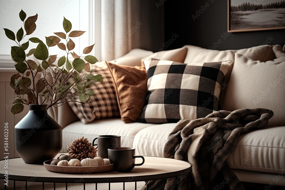 The stylish composition at living room interior with design beige sofa, black coffee table, plants a