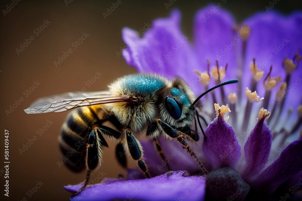 Close-up of a bee collecting nectar from a flower, generative ai