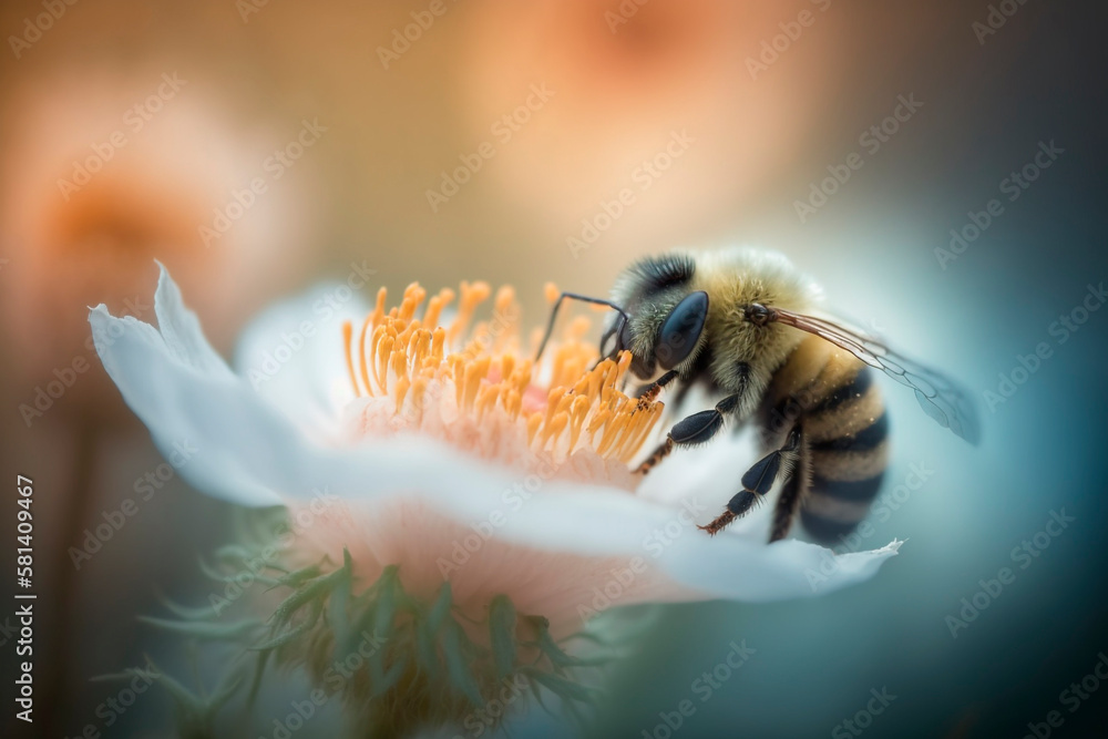 Close-up of a bee collecting nectar from a flower, generative ai