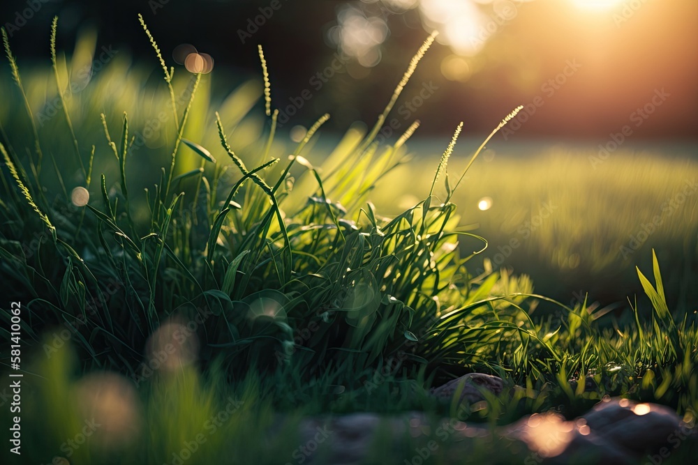 a close up of a lush lawn in the sunlight. selective attention. Generative AI