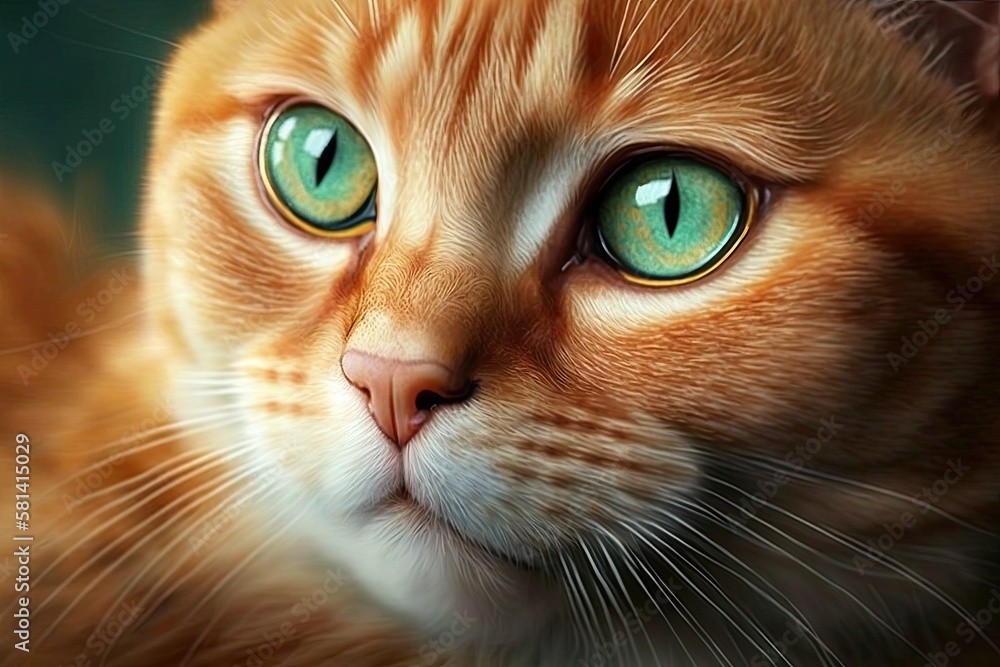 Cute orange cat with emerald eyes in a portrait. close up, distant. Cute idea for a domestic pet. Ge