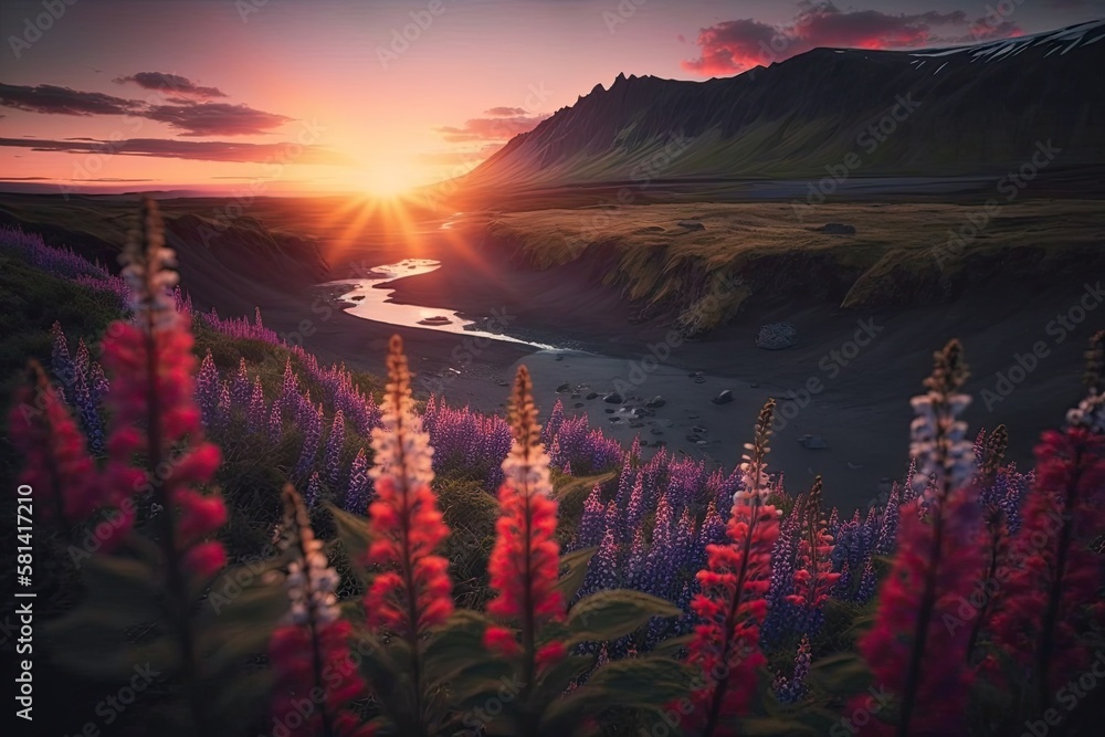 Beautiful sunrise over southern Iceland, in Europe. Along the Skogafoss Waterfalls shoreline are pi