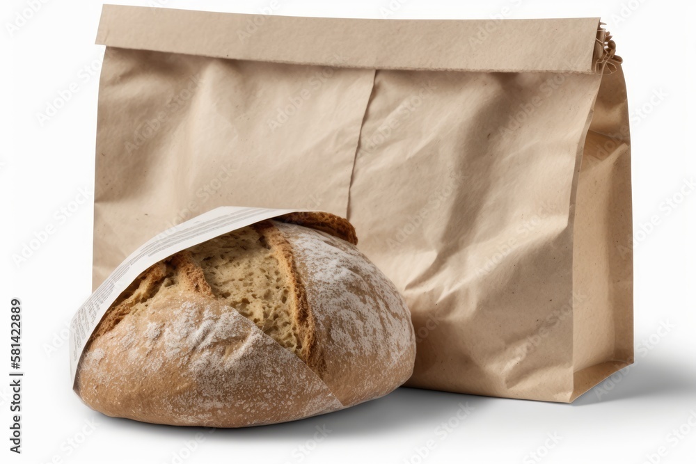 In a bakery, freshly made organic sourdough bread is placed in a recyclable paper bag. A single loaf