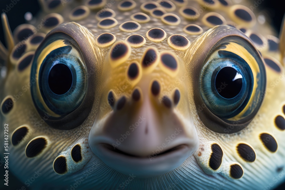 OPENING OF PUFFER FISH EYES IN CLOSE UP. Generative AI