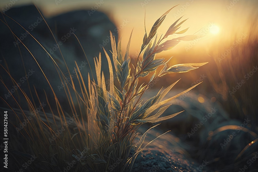 vintage grass plant at sunrise in the summer. Generative AI