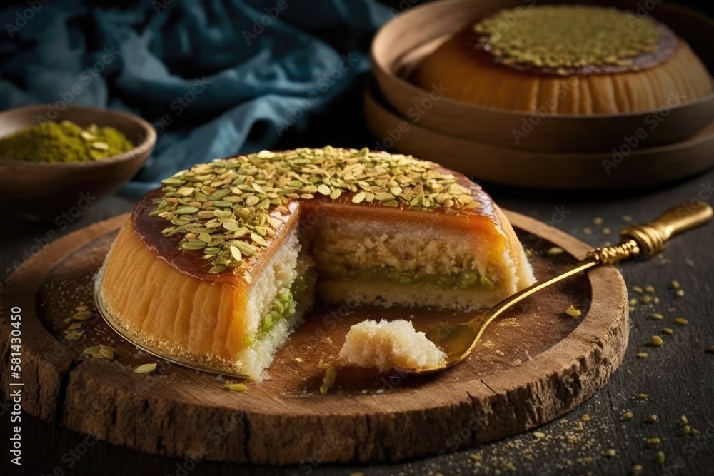 Traditional kunafa in Arabic. delicious treats with pistachio and pine nuts on a platter of rough ko