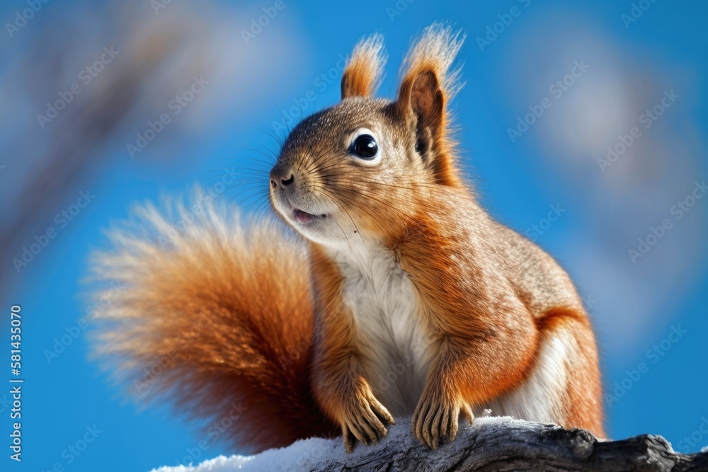 animals found in nature. Amazing picture of a lovely American red squirrel perched high on a branch 