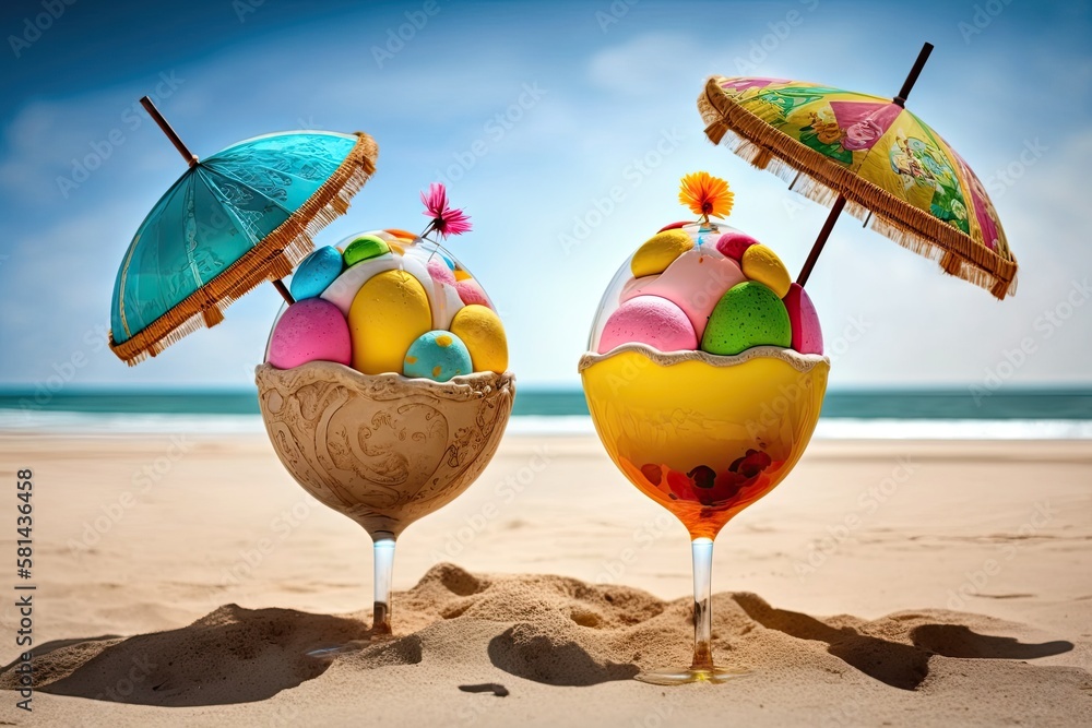 On the sandy beach, there are two Easter eggs with cocktail umbrellas. Generative AI