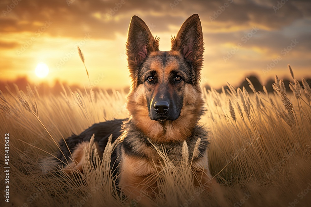 incredible photograph of a young crossbreed dog (a German shepherd) in grass at sunset. Generative A