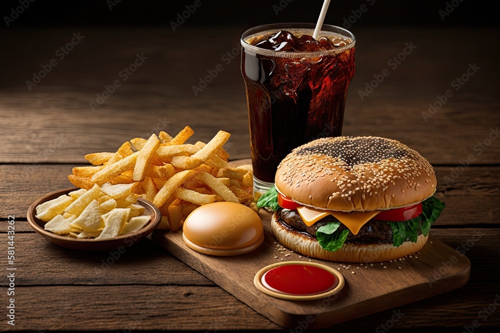 fast food and unhealthy eating concept close up of fast food snacks and cola drink on wooden table. 