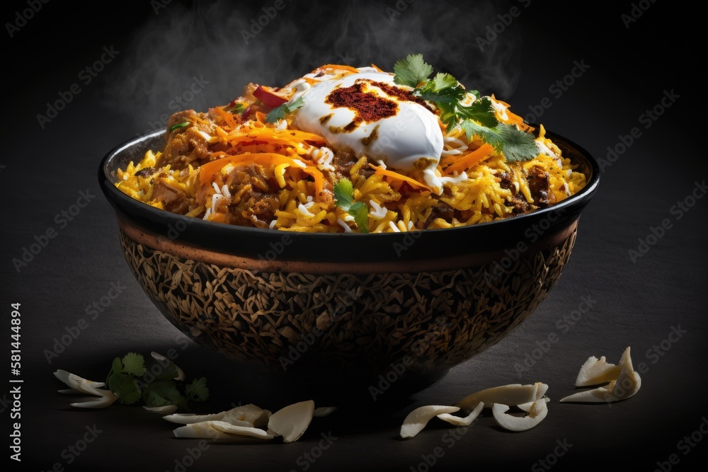 Spicy cuisine from Pakistan and India A dish of Lucknowi Dum Pukht Biryani is shown in a side view a