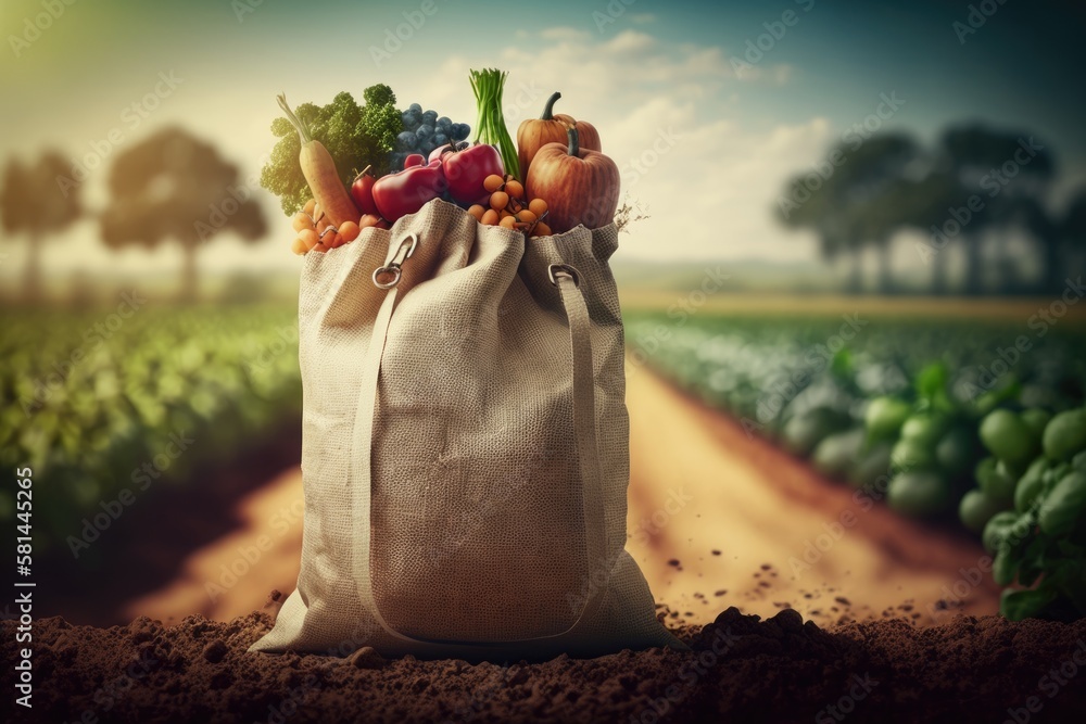 burlap bag filled with vegetables and fruits in a crop field, healthy eating and organic agriculture