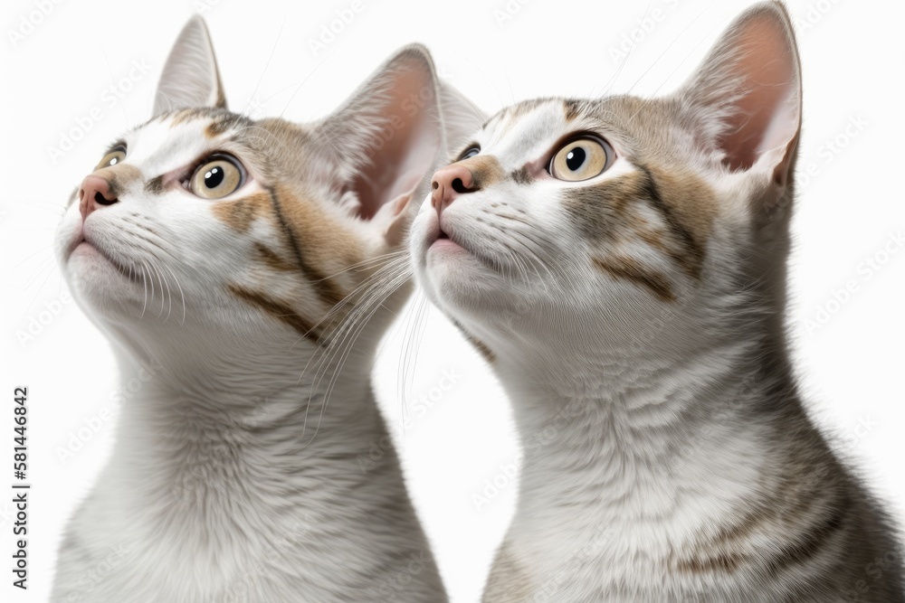 Two cats are gazing upward in an isolated white background. Generative AI