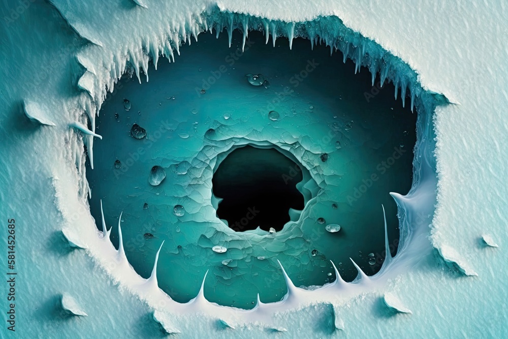 air pockets and cracks in the ice that surround a frozen hole in a rivers surface. Background with 