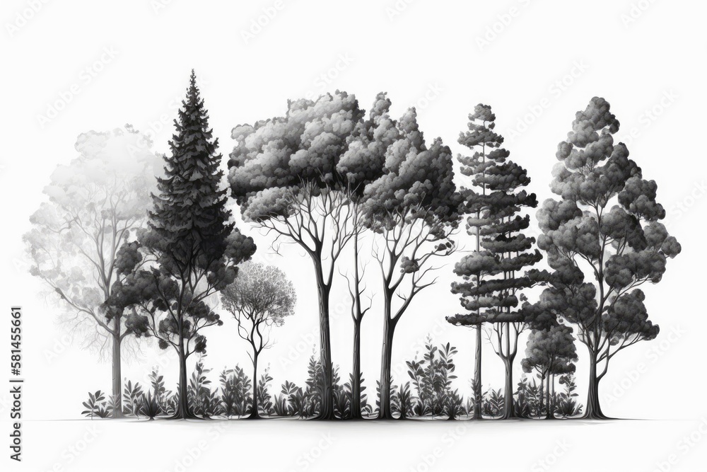 White background with isolated trees, a group of trees. Generative AI