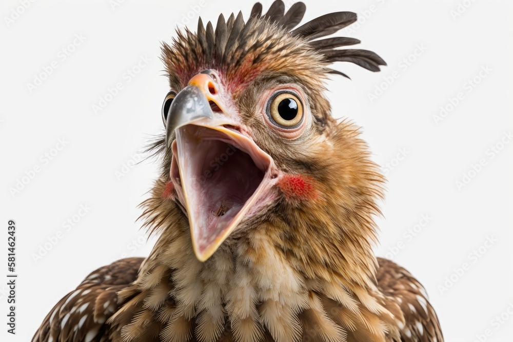 close up of a brown chickens head with its mouth open in a startlingly humanlike manner against a w