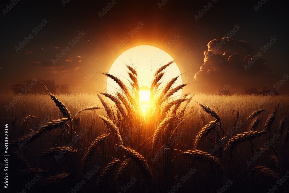 Sun behind a wheat field. Generative AI