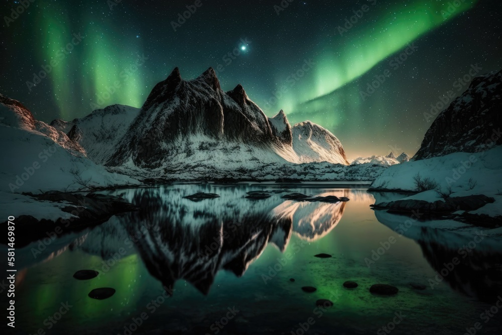 Norways Lofoten islands are home to the aurora borealis. Northern lights that are green over mounta