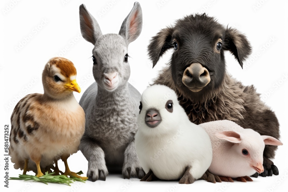 Cute farm animals together in a group, isolated on a white background. Generative AI