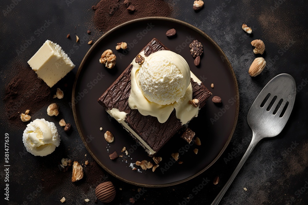 Brownie with chocolate and walnuts with vanilla ice cream. selective attention flat lay picture. Gen