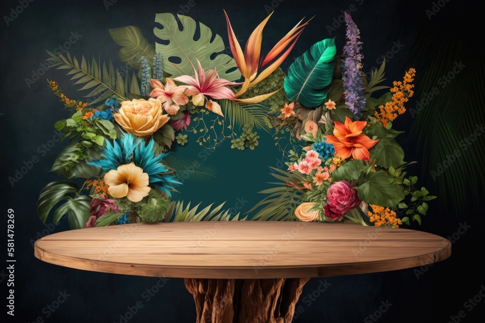 a wooden table in front of a background covered in tropical flowers. for the presentation and exhibi