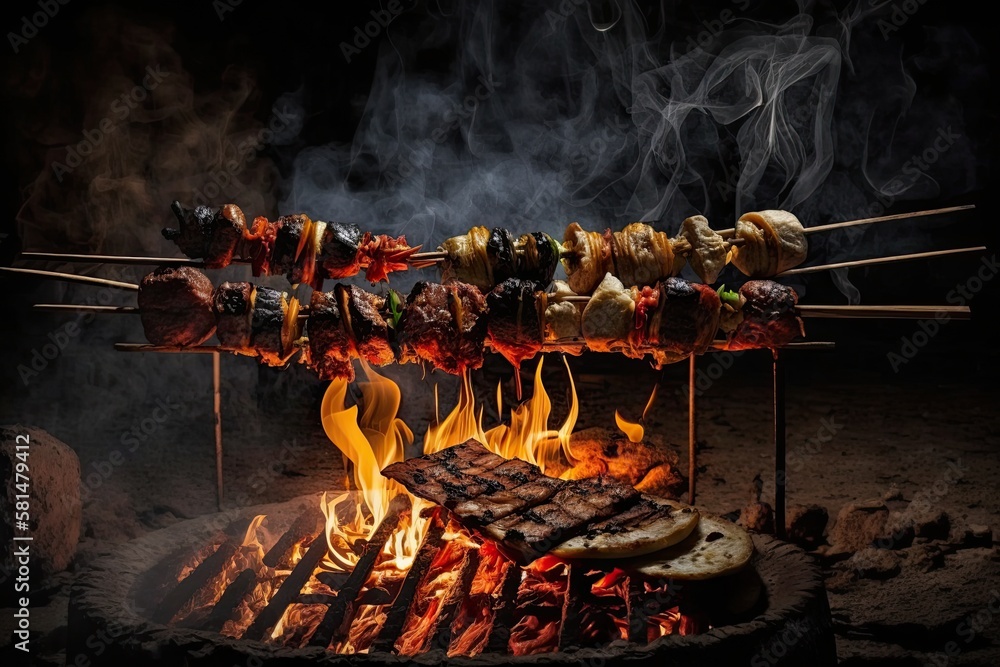 Street food Traditional Skewers of various meats grilled over fire and charcoal. Generative AI