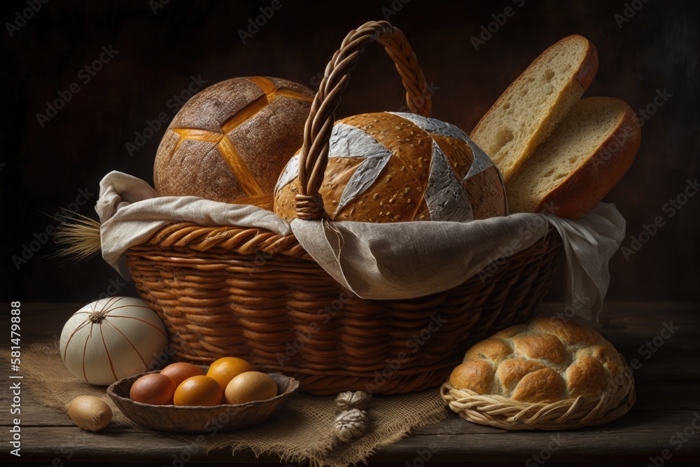 composition in a wicker basket with bread and rolls. Generative AI