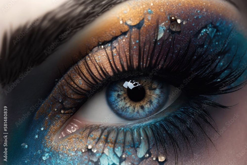 Beautiful macro image of smoky eyes on a womans eyes. bluish eyes imaginative makeup. Long lashes a