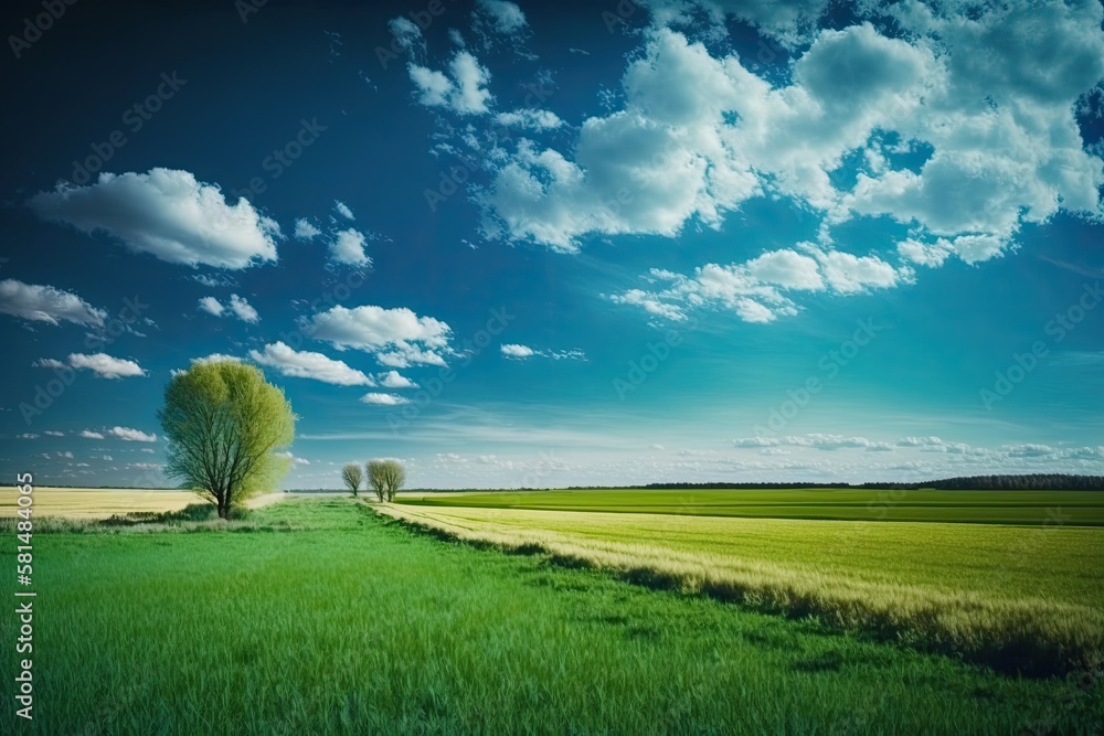 Green field, landscape of meadow with grass and blue sky in spring. Generative AI