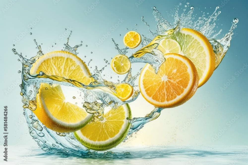 Lemon slices dropped into sparkling water for a juice based beverage. Generative AI