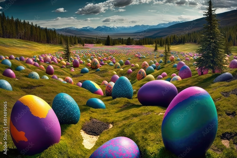 field of painted Easter eggs. Generative AI