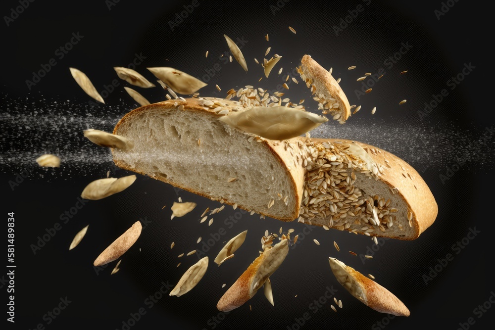 With sesame and pumpkin seeds flying in the air, freshly baked wheat baguette bread is cut. Generati