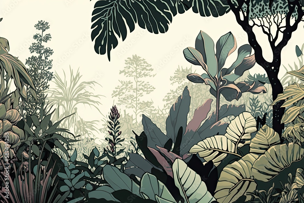 Illustration of tropical trees and foliage for digitally printed wallpaper with a bespoke pattern. G